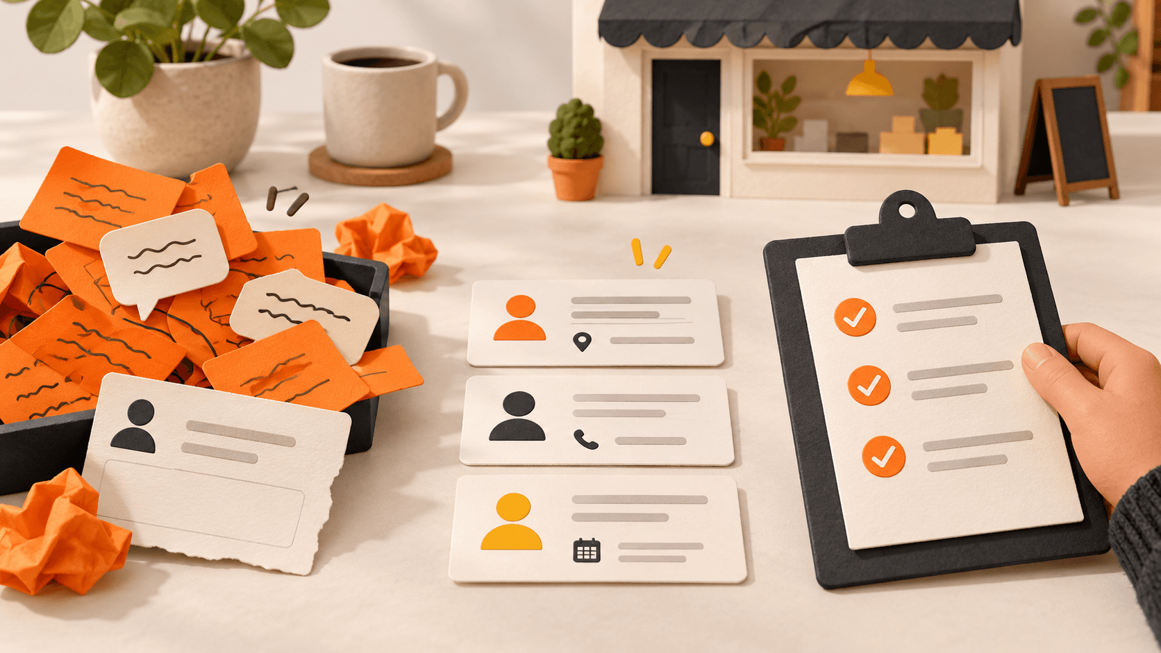 Illustration of untidy enquiry messages becoming clear customer-detail cards and a checked clipboard.